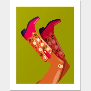 Woman legs with cowboy boots decorated with flowers. Cowgirl with cowboy boots. American western theme. Colorful vibrant vector illustration. Posters and Art